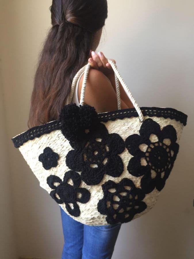 Handmade Crochet Black Flowers Straw Beach Bag